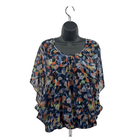Eclair Printed Overlay Poncho Blouse Womens XS Navy #TS6587-03 Scoop Lined Pleat - Picture 1 of 6